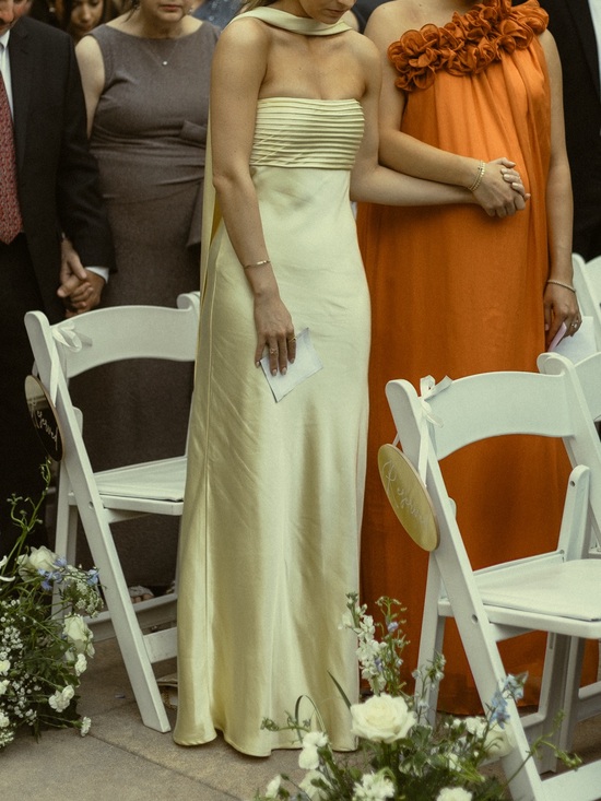 Runaway The Label Dresses & Skirts - Strapless Cream Satin Maxi Dress with Draped Scarf